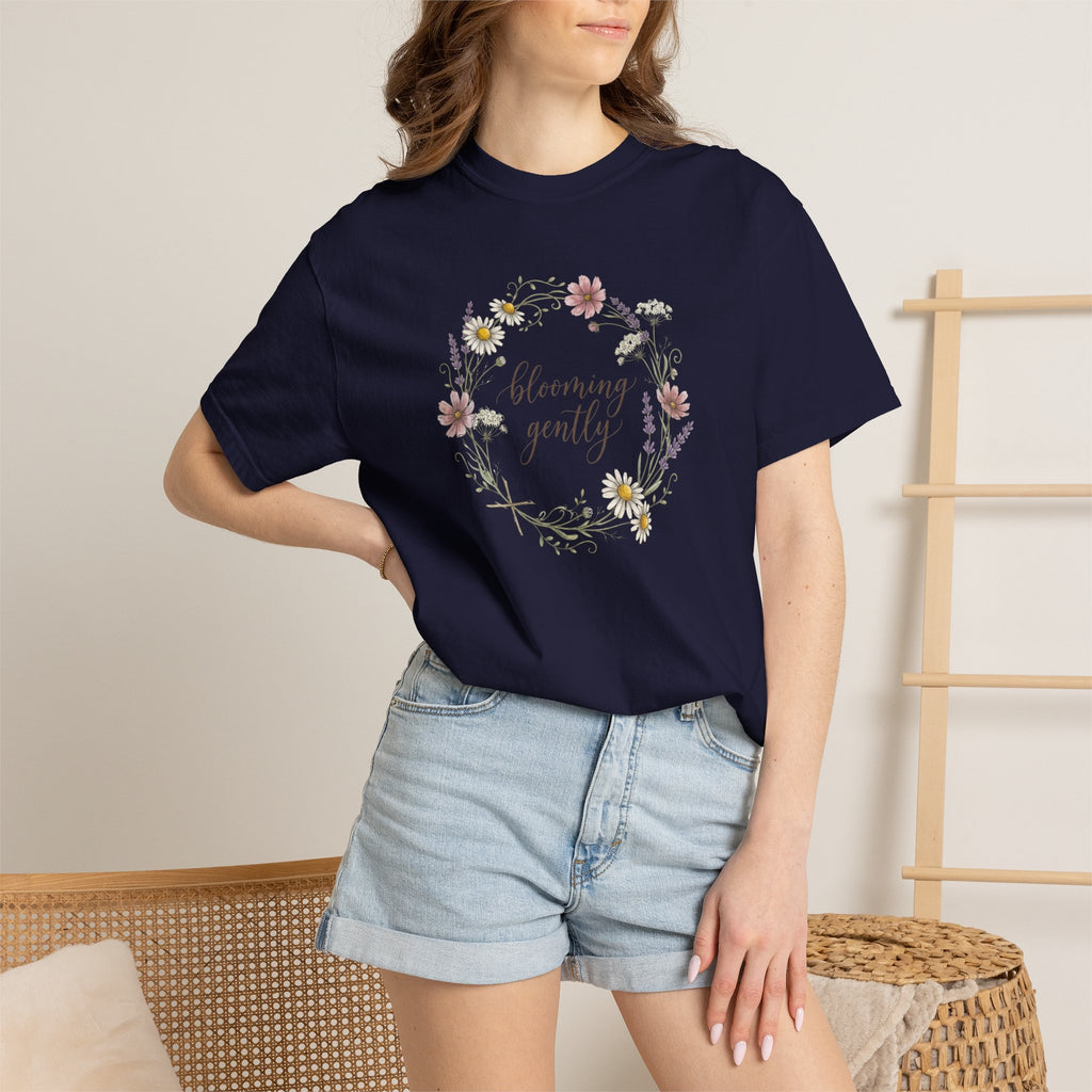 Blooming Gently Garden Script Floral Wreath T-Shirt