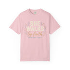 She Walks by Faith (2 Cor. 5:7) T-Shirt