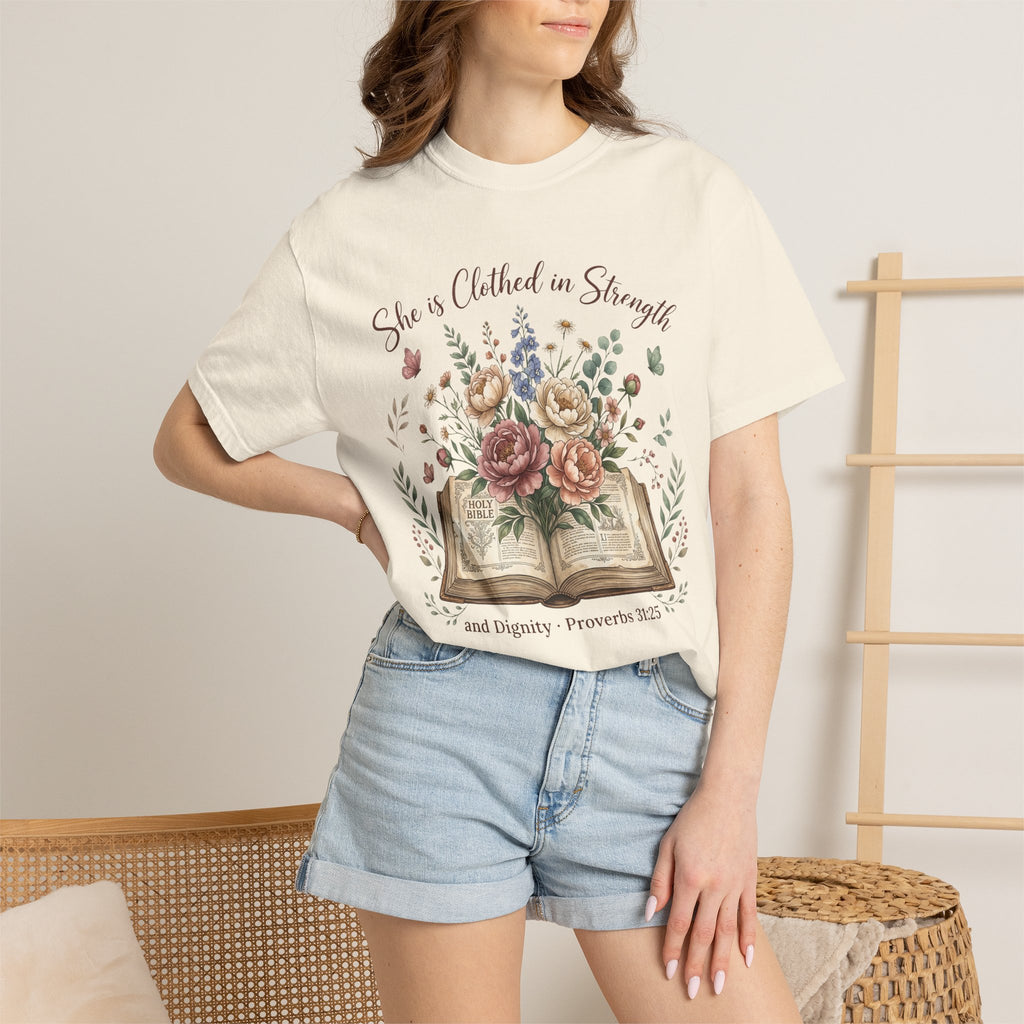She is Clothed in Strength Floral (Proverbs 31:25) Bible Verse Christian T-Shirt