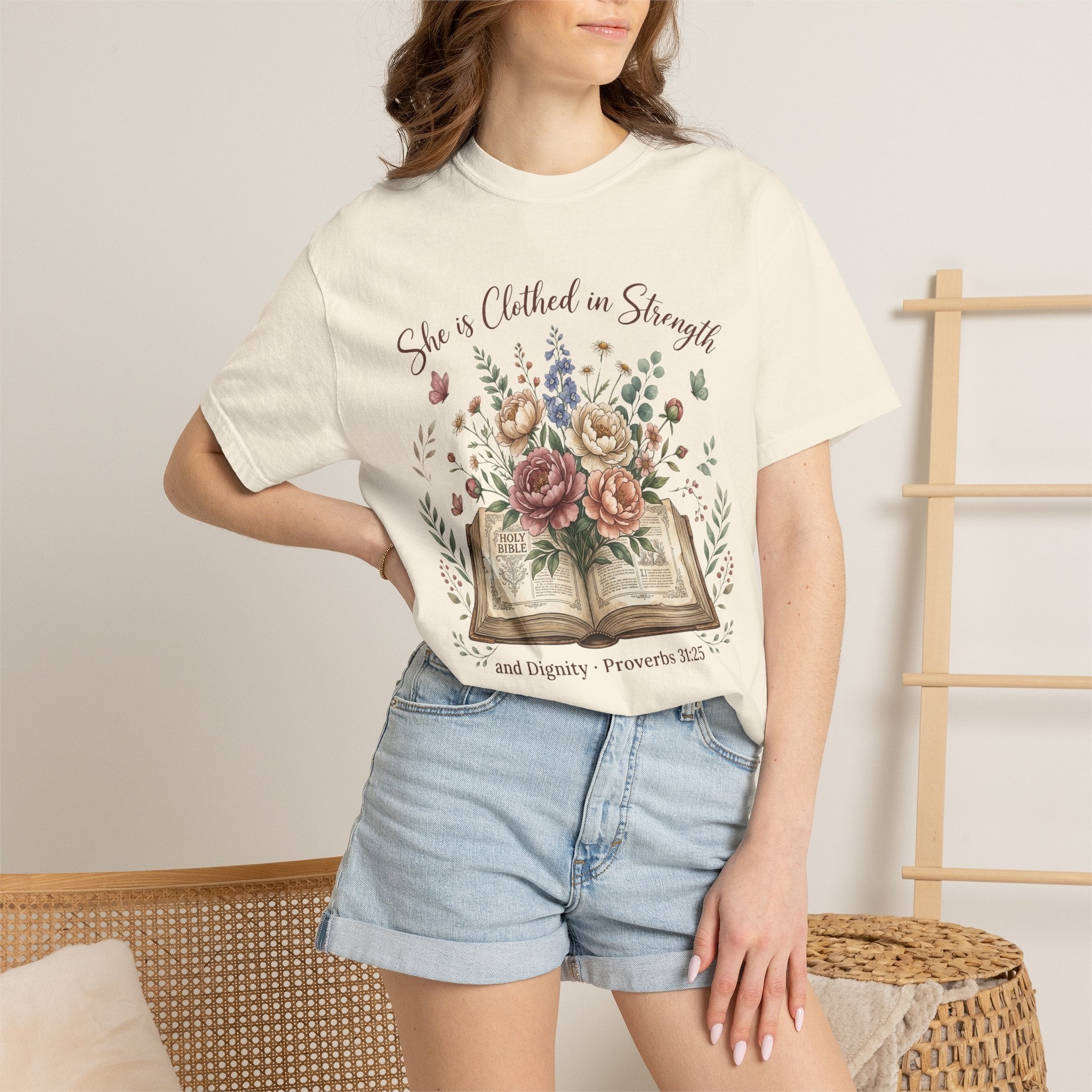 She is Clothed in Strength Floral (Proverbs 31:25) Bible Verse Christian T-Shirt