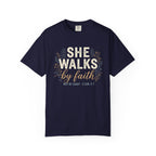 She Walks by Faith (2 Cor. 5:7) T-Shirt