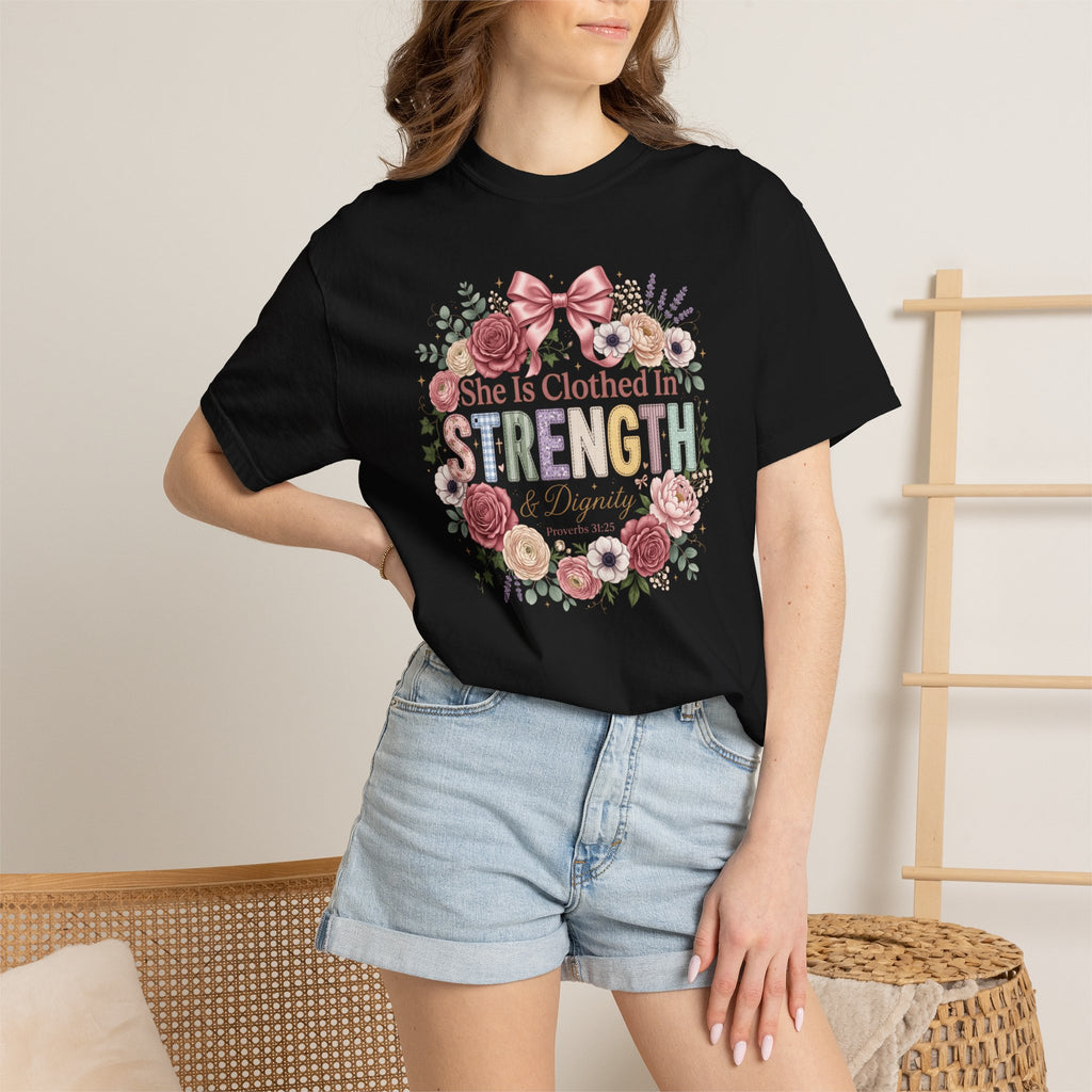 She Is Clothed in Strength Floral Inspirational Christian T-Shirt