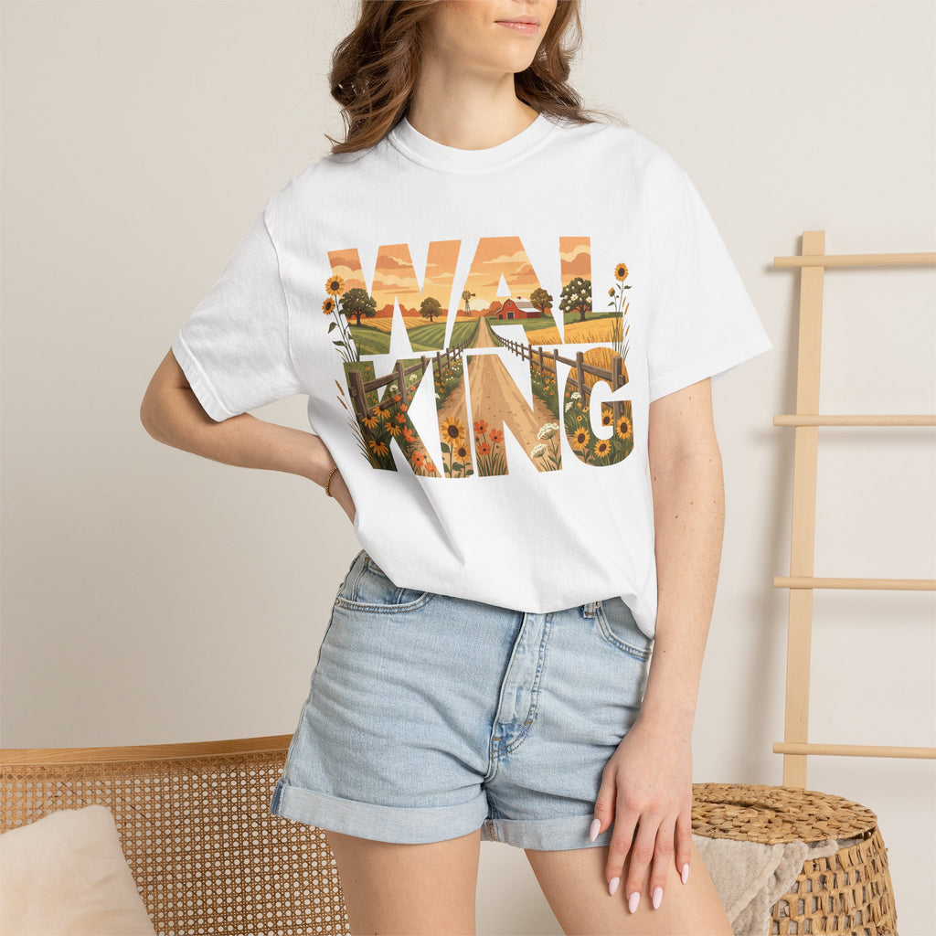Walking Graphic Sunflower & Countryside Scenic Lettering T-Shirt
