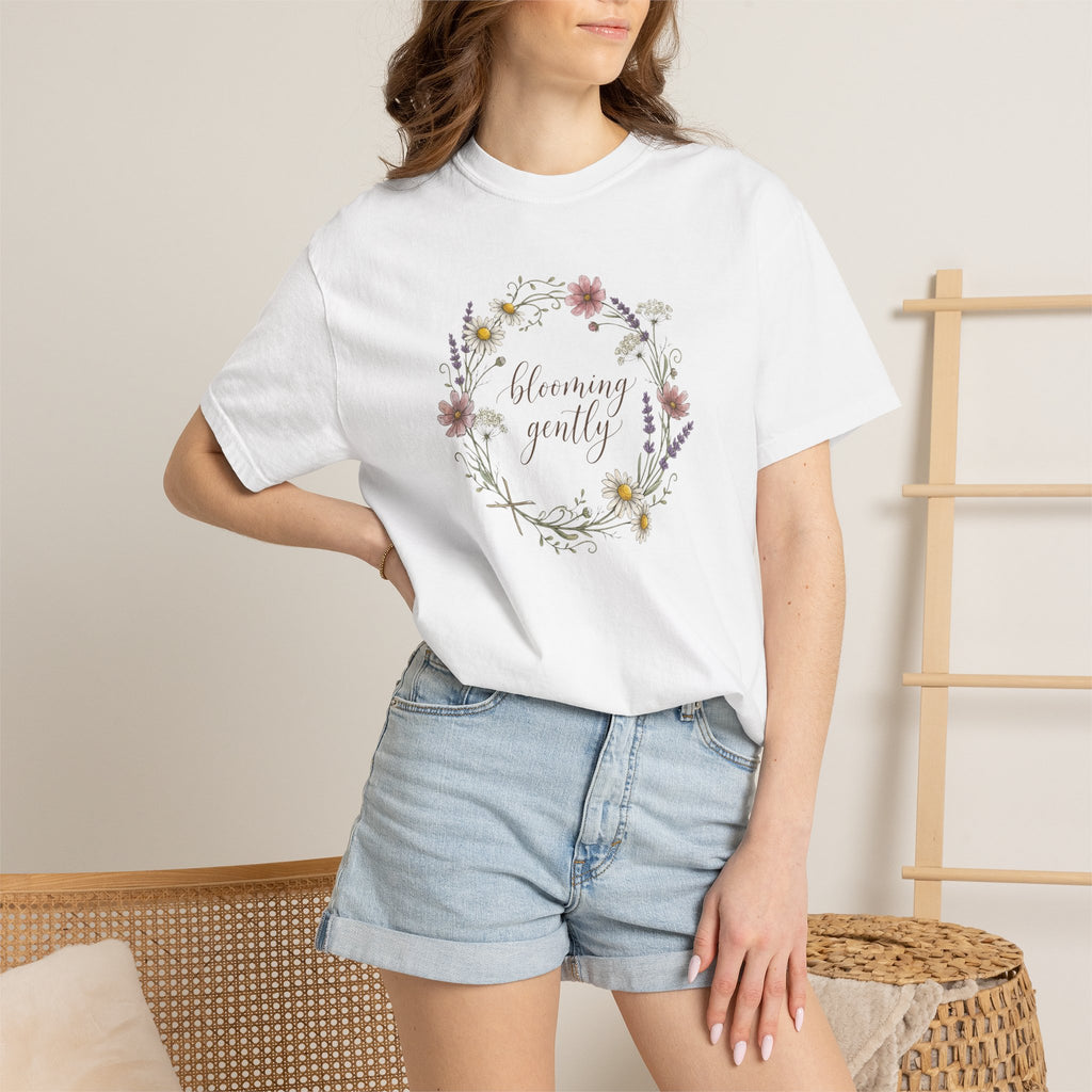 Blooming Gently Garden Script Floral Wreath T-Shirt