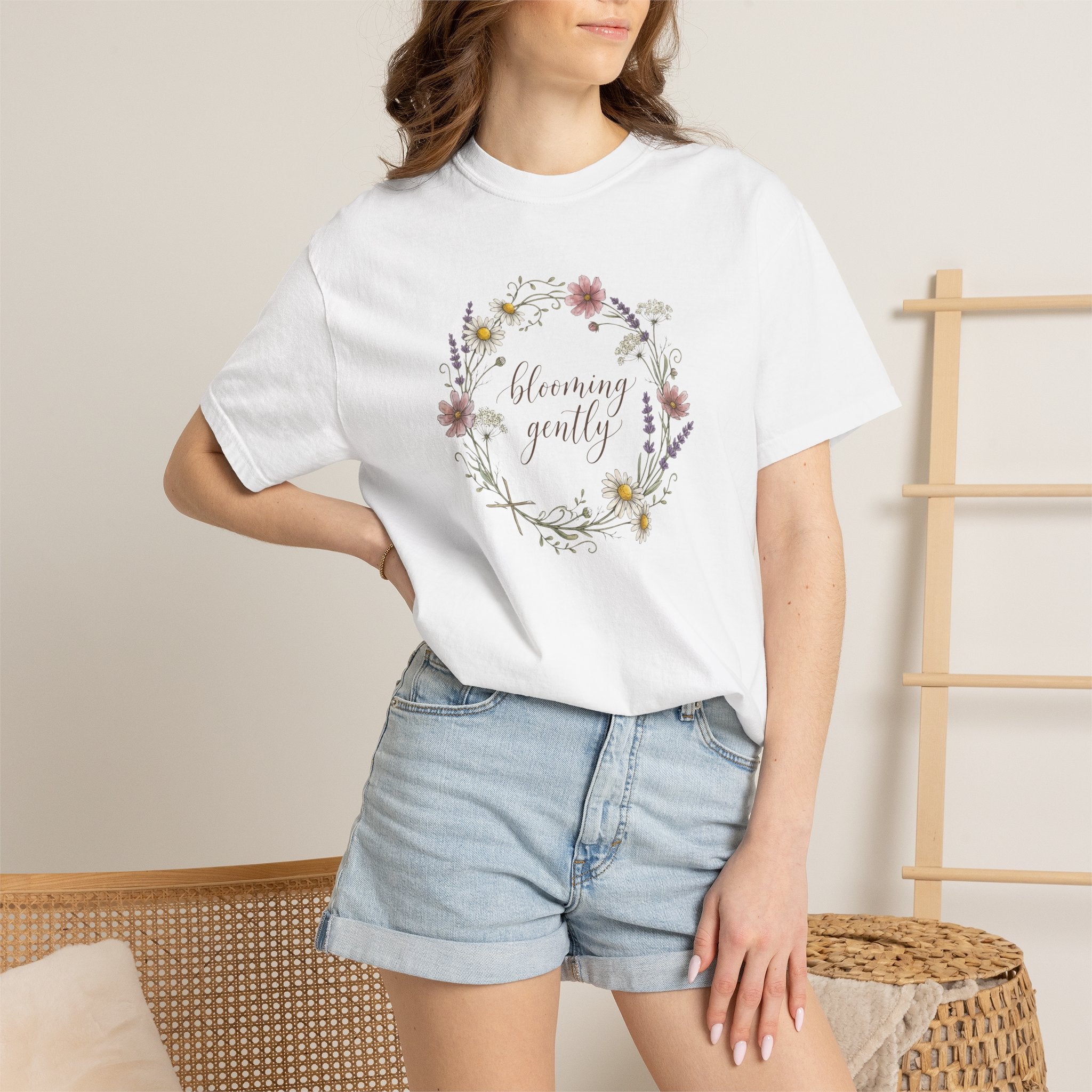 Blooming Gently Garden Script Floral Wreath T-Shirt